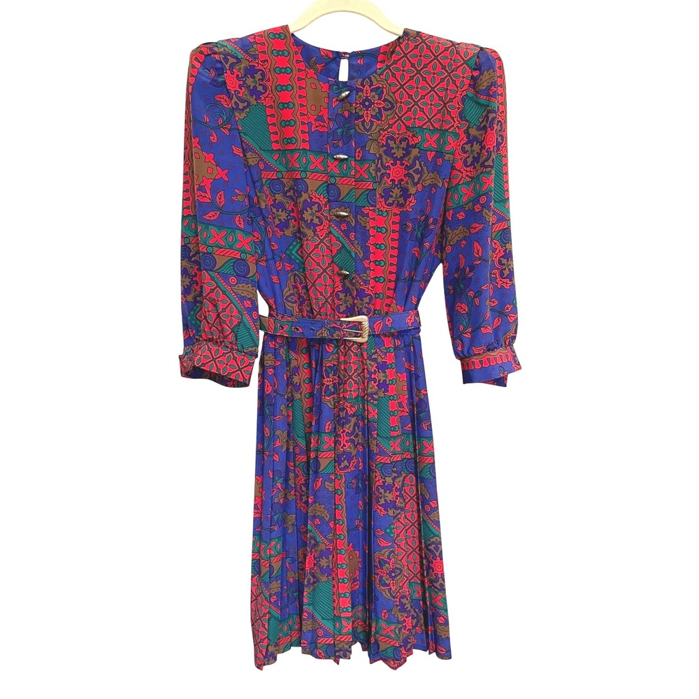 Vintage 80s Lady Carol Petites Dress Womens 10 Paisley Pleated Belted Midi